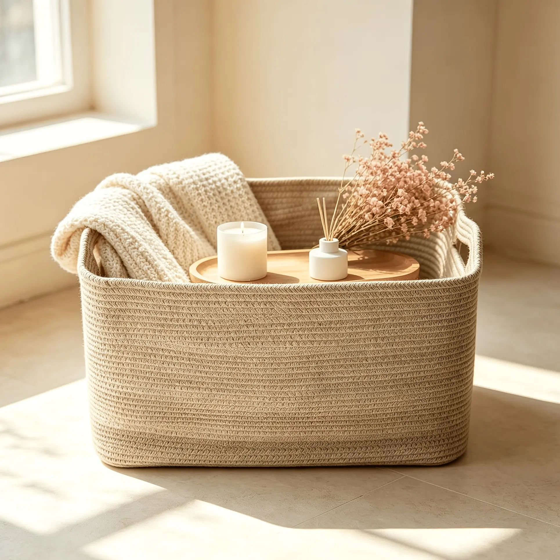Large Woven Storage Baskets with Handles, Rectangular Storage and Decorative Organizer, Classic Design for Home Style Enhancement