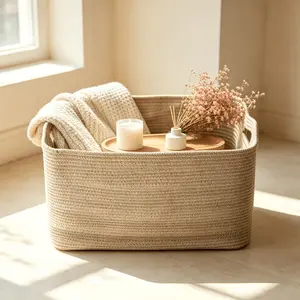 Large Woven Storage Baskets with Handles, Rectangular Storage and Decorative Organizer, Classic Design for Home Style Enhancement