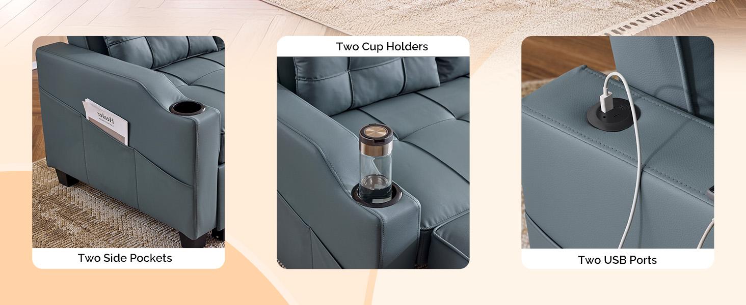 VINGLI Futon Sofa Bed Convertible Loveseat Sleeper Couch, Faux Leather Pullout Sofa Fold Out Couch Bed with USB Ports, Cup Holders, Armrest for Living Room, Bedroom Apartment Room