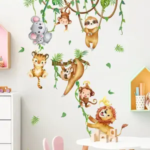 Funny Animals Bird Swinging Wall Stickers Kids Room Decoration Diy Cartoon Monkey Giraffe Lion Mural Art Pvc Posters Home Decals