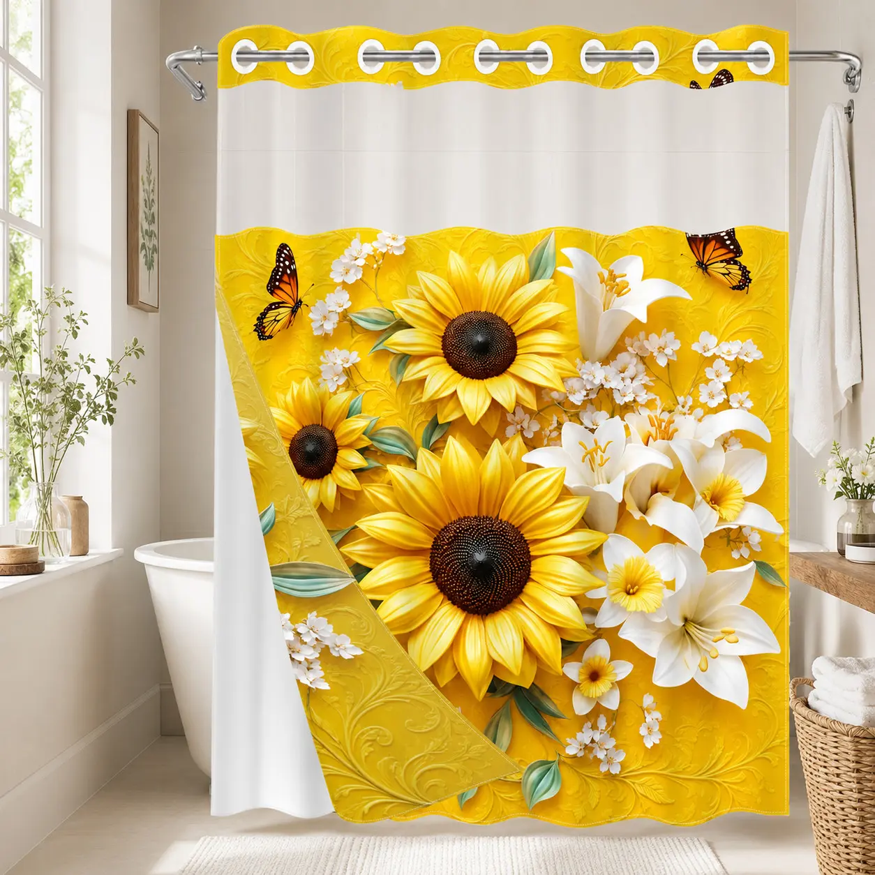 1PC 2D Flat Sunflower, White Lily & Monarch Butterfly Pattern Double-Layer Woven Shower Curtain Floral, No Hooks, Transparent Top Window, Removable Snap-On Liner, Bright Botanical Bathroom Art Decor, Bathroom & Holiday Decoration