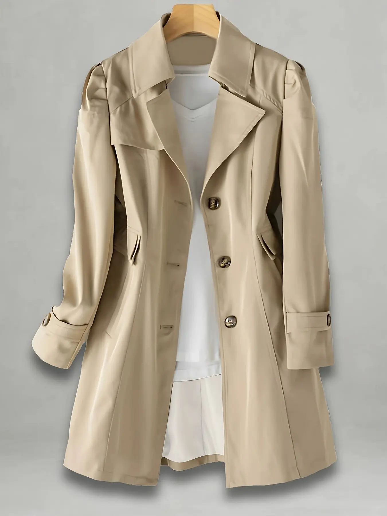 Women's Elegant Long Sleeve Windbreaker Coat, Button Design, Pockets, Fall & Winter, Slim-Fitting, Solid Color, Casual, Versatile Mid-Length Jacket