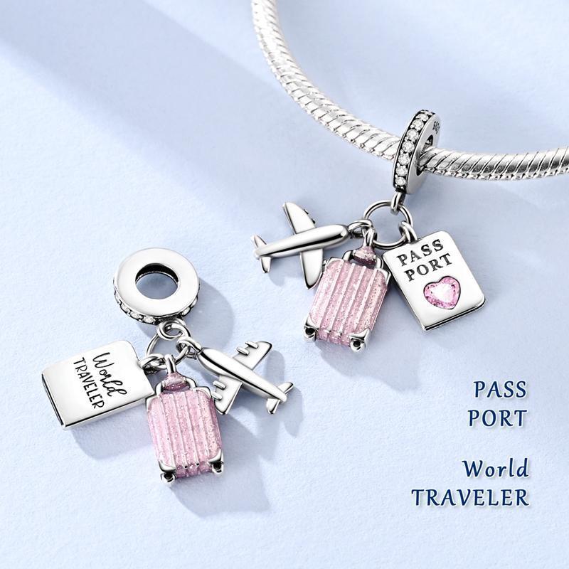 Pink series Charms Plata De Ley 925 Original Heart Pet Cat Dog Bow Handbag luggage Charm Beads Fits Bracelet DIY Jewelry Making