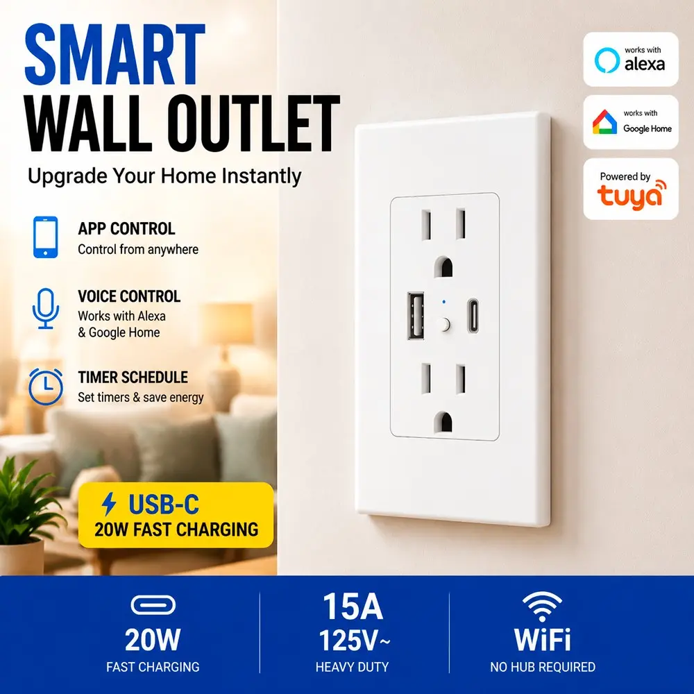 Smart Wall Outlet with USB-C & USB-A, Built in WiFi Receptacle, Remote Control, Timer, Alexa Google Home Compatible