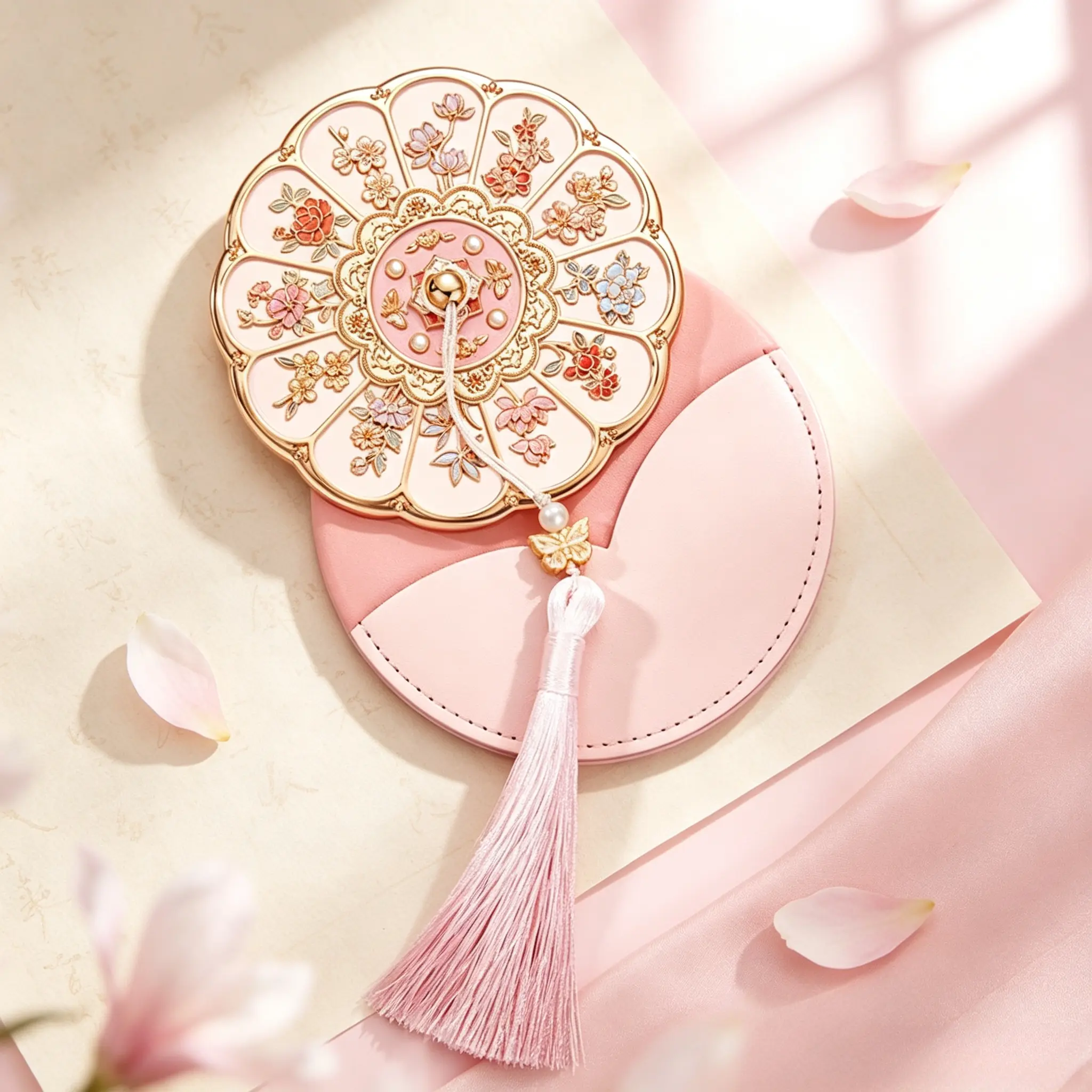 Chinese Vintage Floral Handheld Makeup Mirror, Ornate Enamel Carved Metal Frame, Portable Pocket Mirror with Pink Tassel, Elegant Decor Accessory for Travel Daily Makeup & Birthday Gift, Personal Cosmetic Mirror