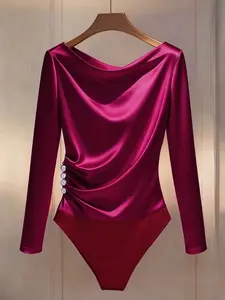 Women's Minimalist Long Sleeve Side Button Jumpsuit, Casual Slim Fit Bodysuit for Office Wear, Chic and Stylish Women's