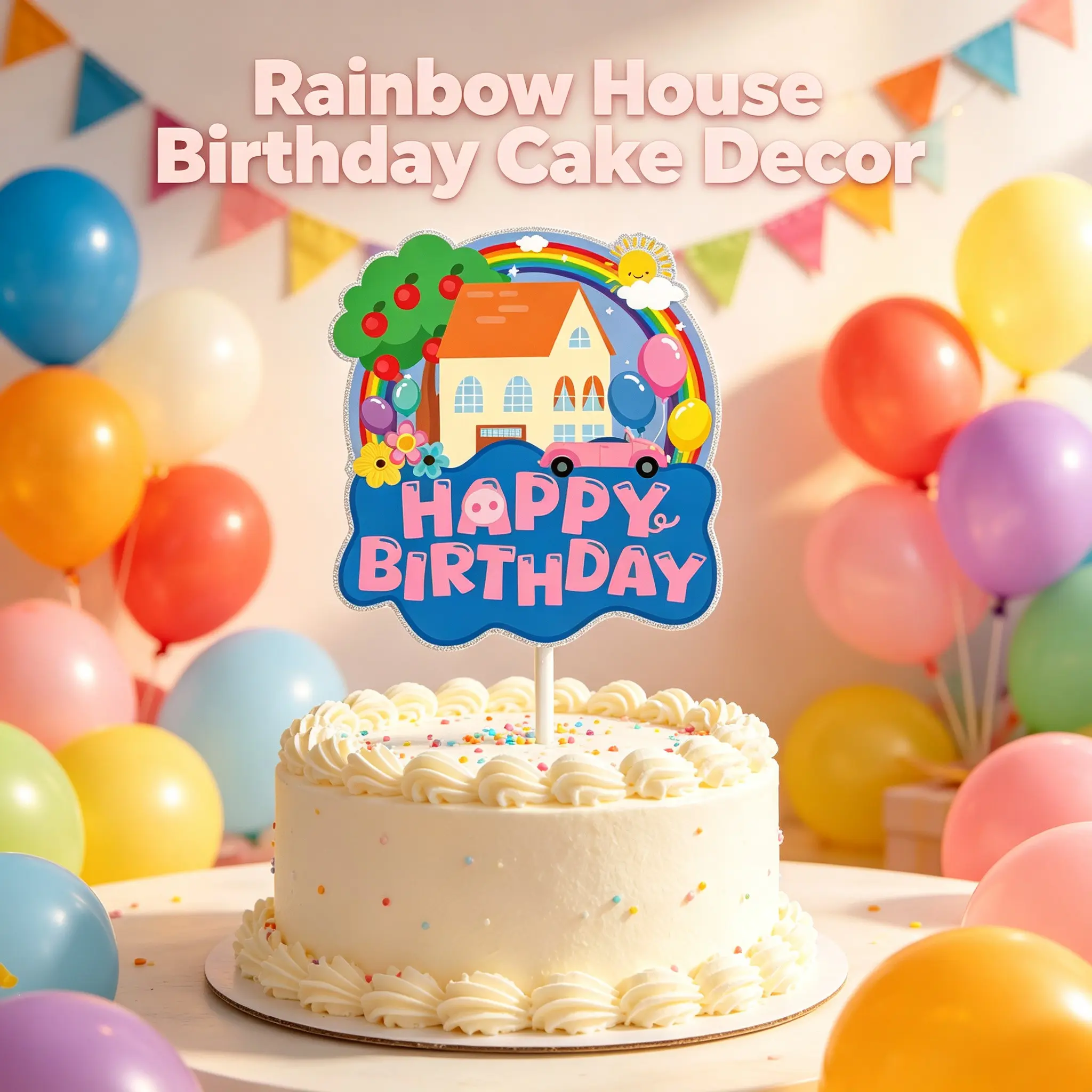Bringing the happy home to the cake! 🏠🌈 Rainbow & pink car birthday topper with a healing illustration style, bright and warm colors. Add it to your toddler's birthday cake to instantly create a cozy fairy-tale house vibe! 🎂🍎