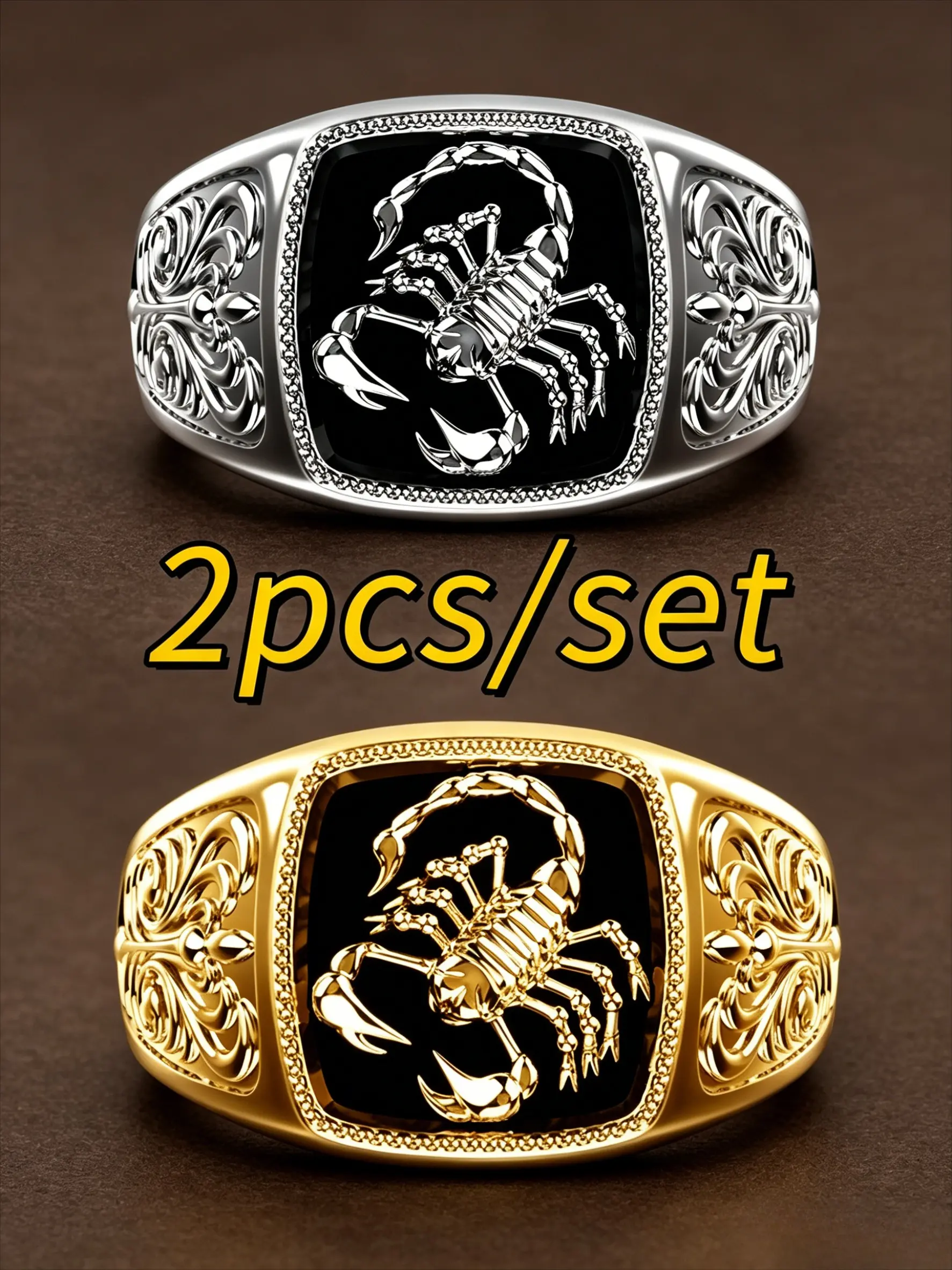 2 Pack 18K Gold Tone Plated Two-Tone Scorpion Embossed Mens Rings, Vintage Engraved Crystal Bezel Wide Band, Punk Scorpio Zodiac Jewelry, Ideal Birthday & Holiday Gift For Him
