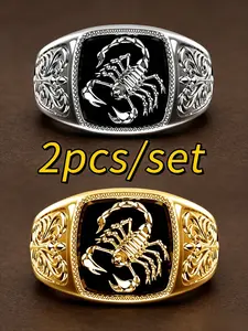 2 Pack 18K Gold Tone Plated Two-Tone Scorpion Embossed Mens Rings, Vintage Engraved Crystal Bezel Wide Band, Punk Scorpio Zodiac Jewelry, Ideal Birthday & Holiday Gift For Him