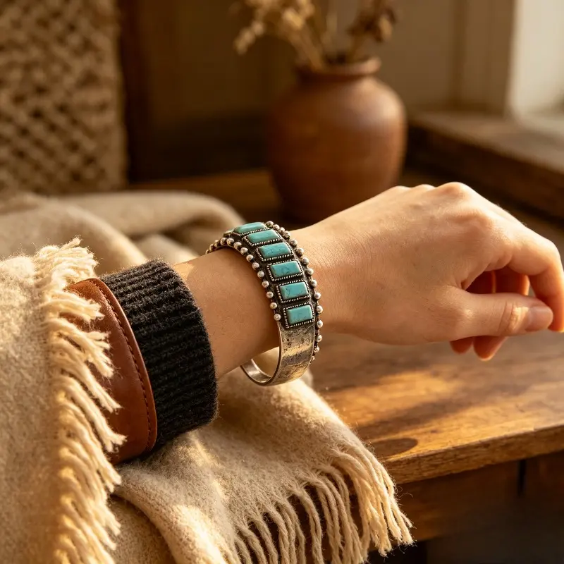 Women's Retro Boho Adjustable Cuff Bangle, Alloy Metal Natural Turquoise Jewelry with Carved Swirls, Daily Wear Bag Charm Accessory