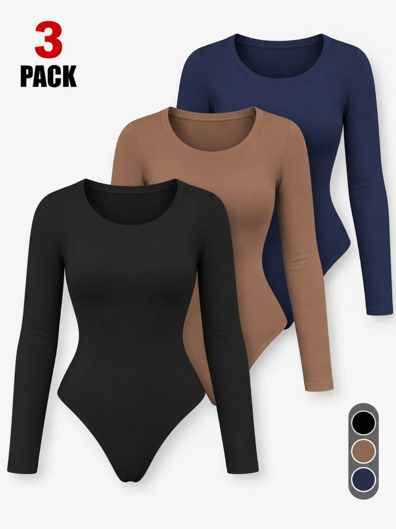 2027 New 3 Pack Women Solid Round Neck Long Sleeve Bodysuit, Slimming Stretchy Basic Tops, Fall Winter Multipack, Snap Crotch