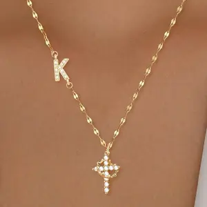 European American Cross Shaped 26 Alphabet Letter Necklace Copper Real Gold Plated Versatile Pendant Jewelry For Women