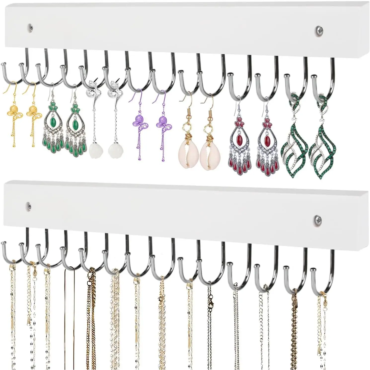 2-Pack Necklace Holder Wall-Mounted Wooden  Organizer with 28 Hooks |   Organizer for Necklaces, Earrings, Rings & Bracelets; Decorative, Space-Saving Display, White