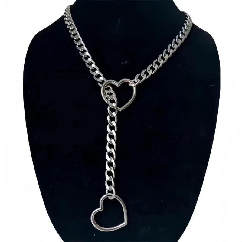 Silver Slip Chain Star O-Ring Lock Open Heart Charm Lariat Necklace for Women Punk Rock Cuban Link Chain Pendant Y Necklace