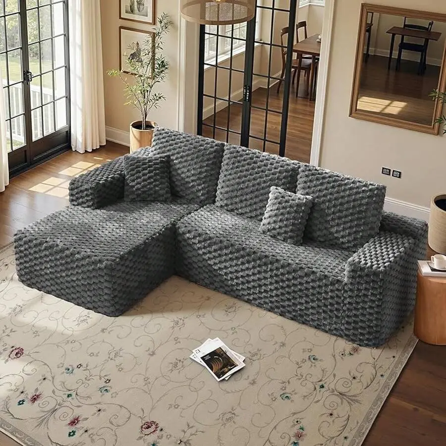106 Inch Oversized Modular Sectional Sofa Living Room, Deep Seat L-Shaped Cloud Couch With Plush Corduroy Upholstery, Modern Boneless Design, Tool-Free Assembly, Grey