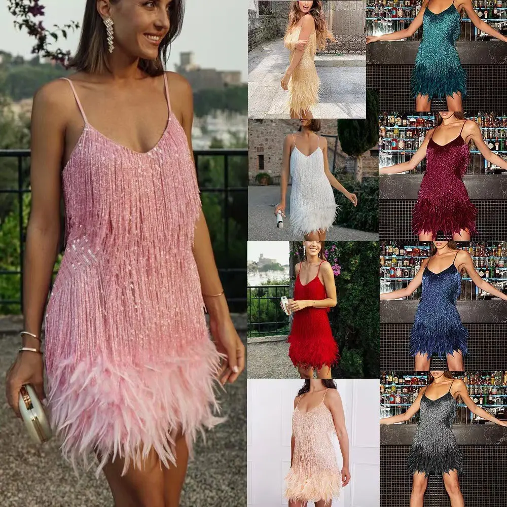 Women's Party Dress Fashionable Tassel Sequins Multi-color Birthday Party Sexy V-neck Strap Feather Patchwork Gown Dress