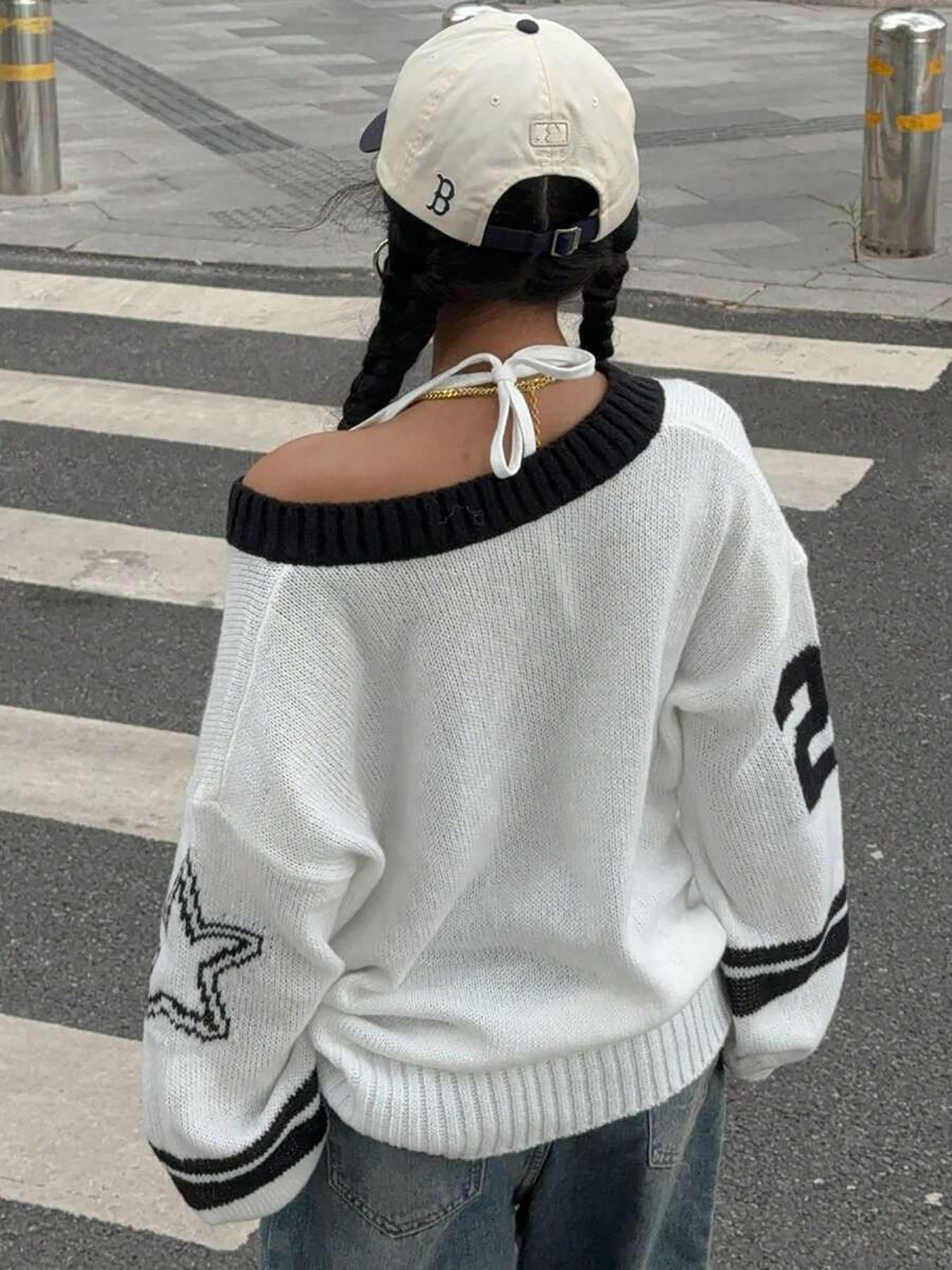 Women's Vintage Figure Print Knitted Sweater, Casual Long Sleeve Jumper for Fall & Winter, Fashion Ladies' Knitwear for Daily Wear, Tops