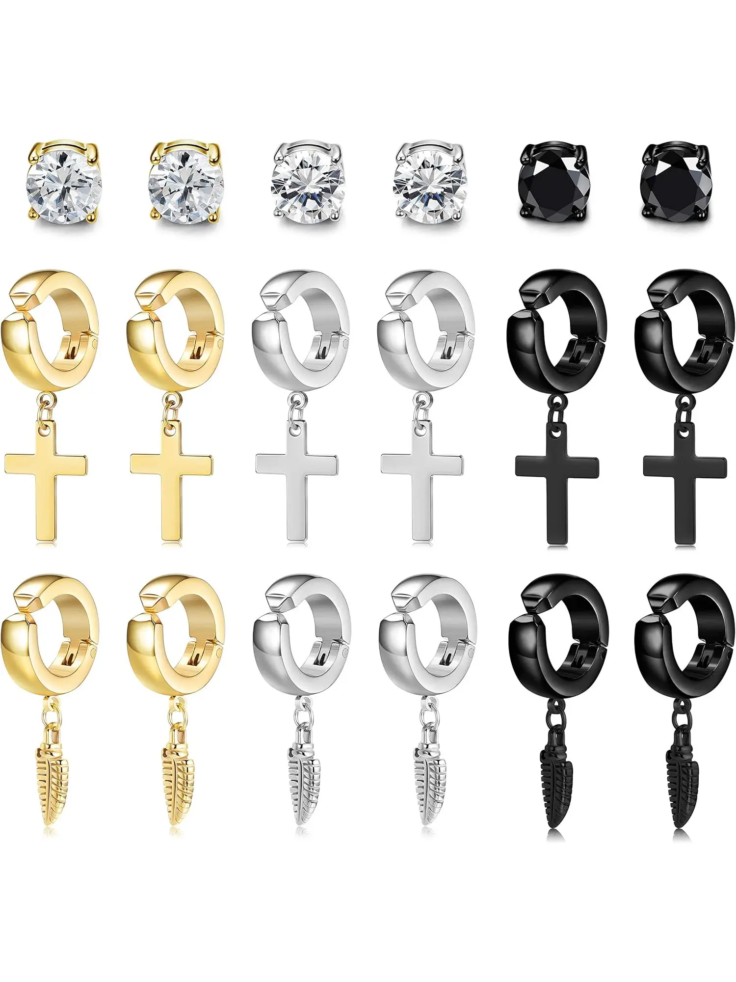 9 Pairs Stainless Steel Cross Earring for Women Men CZ Magnetic Stud Earring No Piercing Hoop Huggie Ear Clips Cross Feather Hinged Earring Set Fashion Jewelry Earrings Earrings Studs
