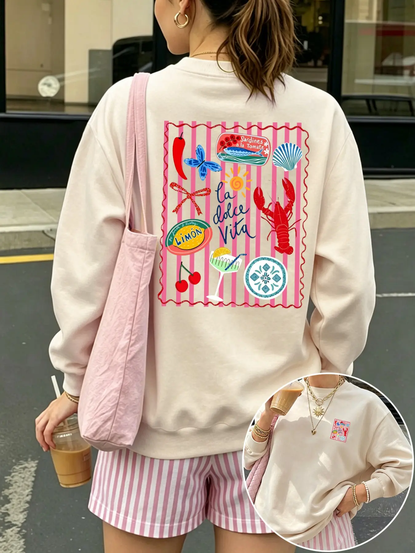 Women's Casual Loose-Fit Round Neck Pullover, Lobster Shell Print, Soft Warm Fabric, Fashionable Simple Top, All-Season Versatile Shirt