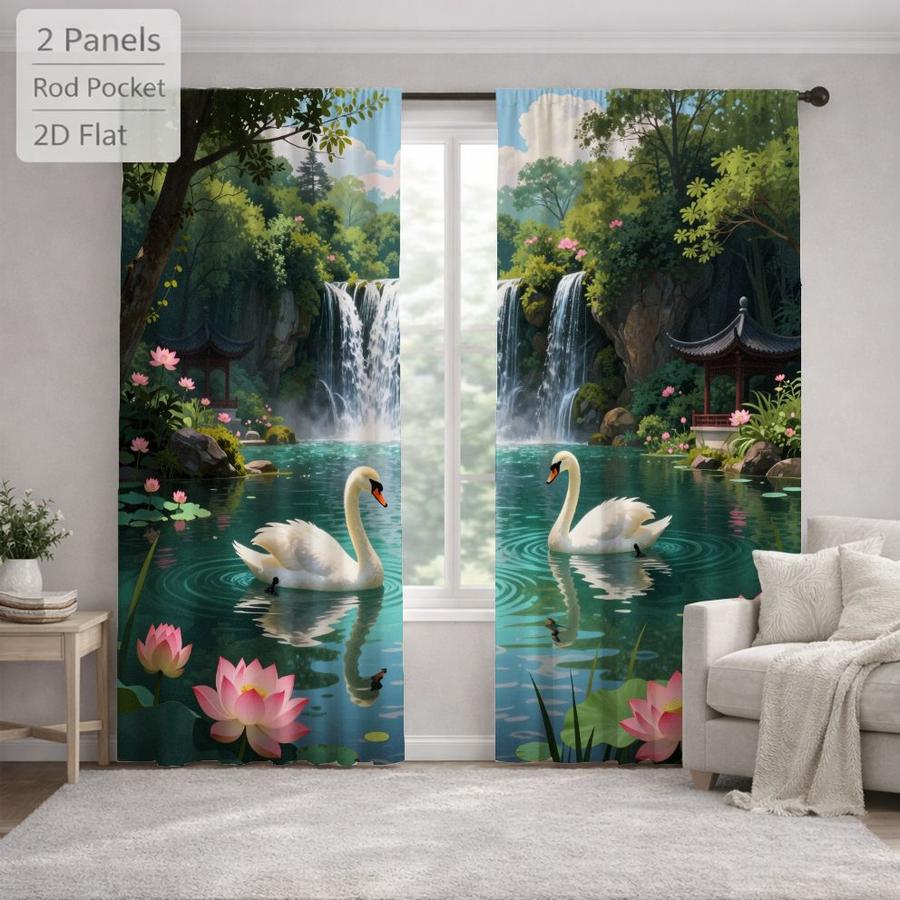 2Pcs Asian Landscape White Swan Lotus Pattern Sun Blocking Curtains Digital Printed Rod Pocket, Window Treatment For Bedroom Office Kitchen Living Room Study Home Decor