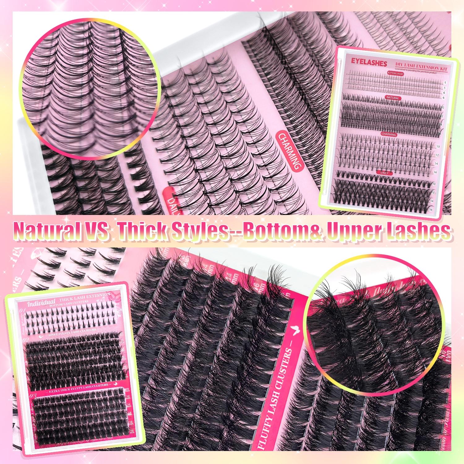 Eyelash Extension Kit (1 Set), DIY Lash Kit Including Individual False Eyelashes, Eyelash Glue, Tweezers, Remover, Professional Eye Makeup Tool for Women, Cosmetic, Eyelash Cluster Kit, Eyelash Fixer