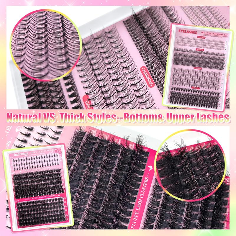 Eyelash Extension Kit (1 Set), DIY Lash Kit Including Individual False Eyelashes, Eyelash Glue, Tweezers, Remover, Professional Eye Makeup Tool for Women, Cosmetic, Eyelash Cluster Kit, Eyelash Fixer