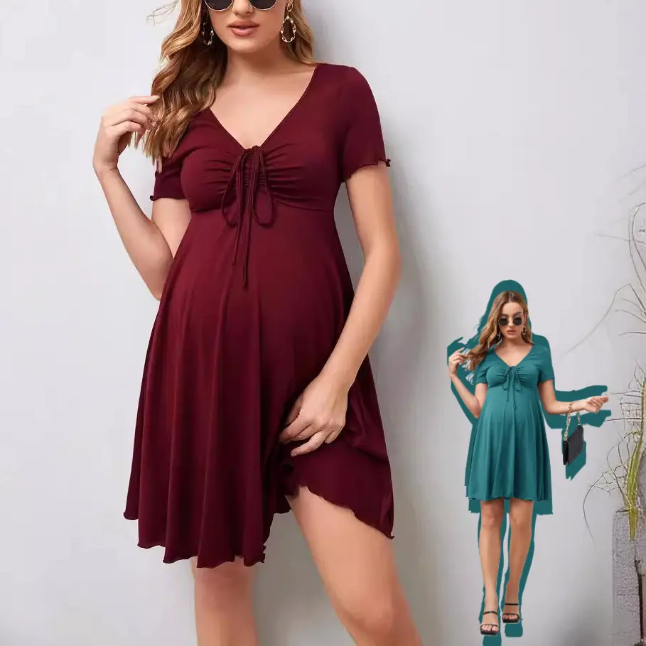 MUSBUY V Neck Ruched Maternity Nursing Dress Short Sleeve Lettuce Trim Pregnancy A Line Mini Dress