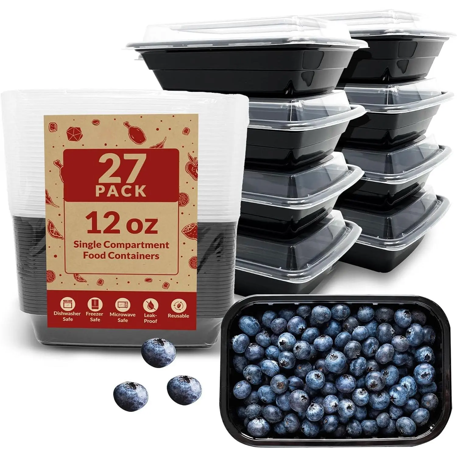 Meal Prep Containers 12 oz (27 Pack)  Storage Boxes | Single Compartment | Plastic Takeout Containers with