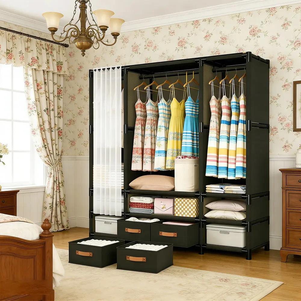 [Fabric Wardrobe] Large Capacity Compartment Fabric Wardrobe, Dustproof Sheer Curtain Closet with Multi-Layer Shelf & Drawers, Reinforced Steel Frame Clothes Storage Organizer, Portable Closets