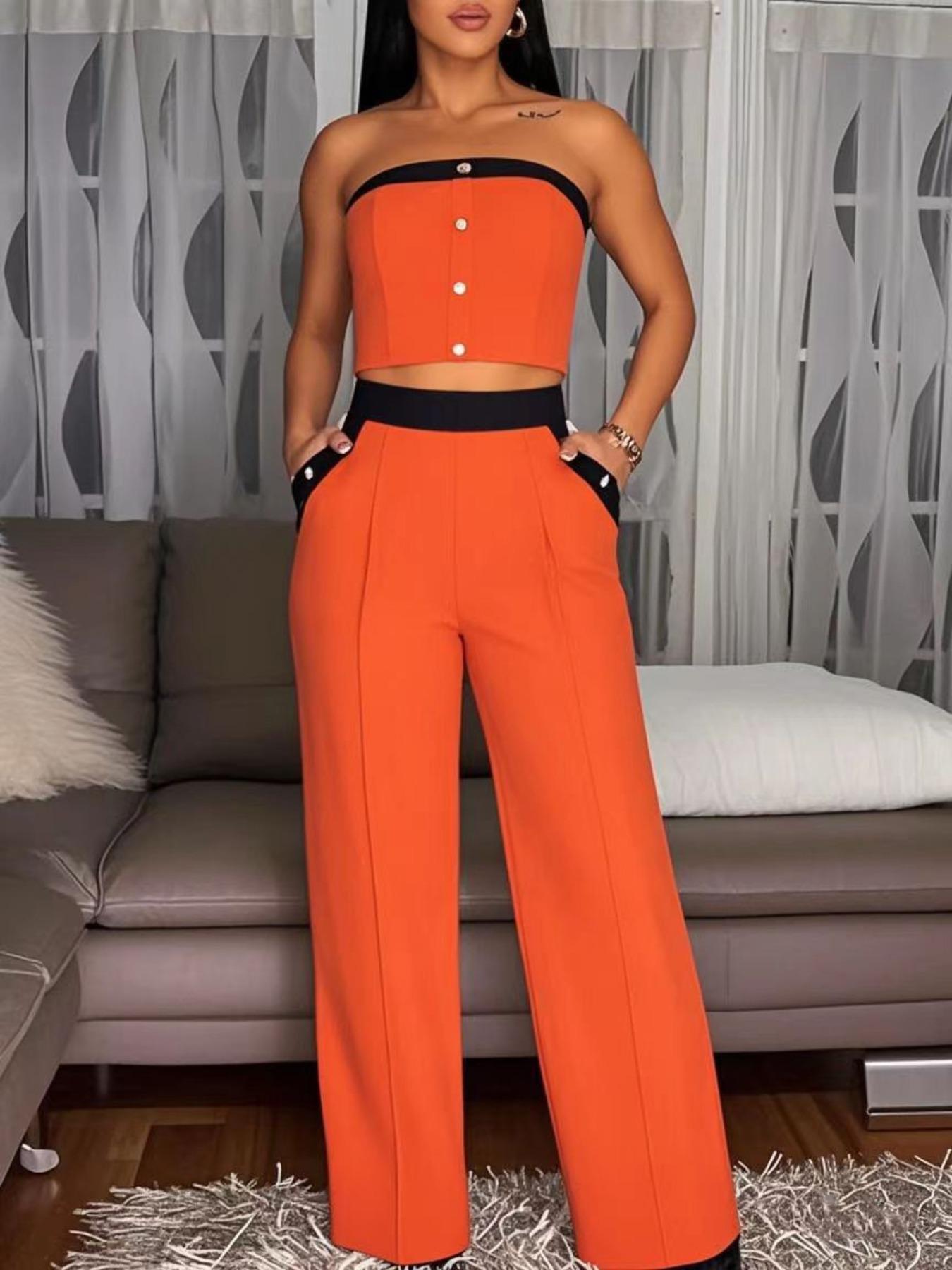 Women's Colorblock Crop Tube Top & High Waist Wide Leg Pants Two-piece Set, Casual Fashion Cozy Two Piece Outfits for Daily Outdoor Wear, Ladies Clothes for Summer, Office Siren Outfits, Womenswear