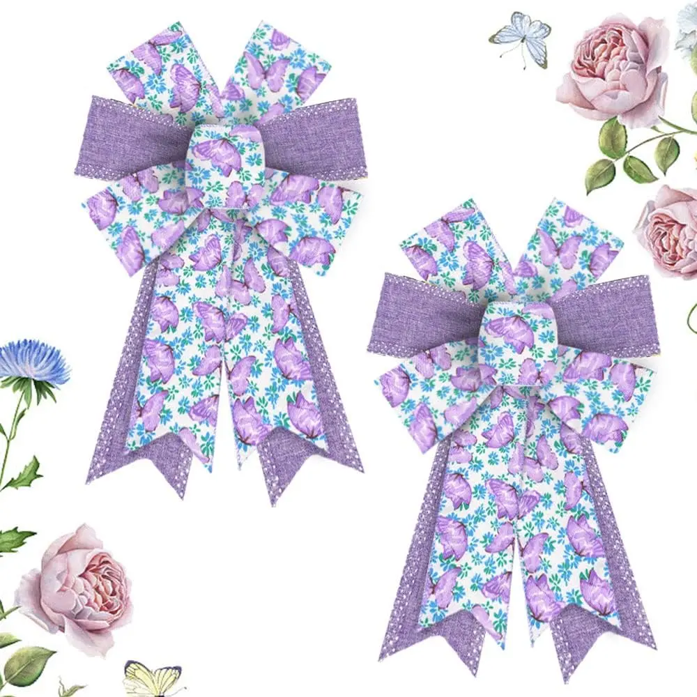 2 count Spring  Bows for Wreath, Spring Holiday Wreath Bows  Burlap Bows Floral Butterfly  Bows  Craft Bows for Front Door Spring Birthday Party Decorations Supplies