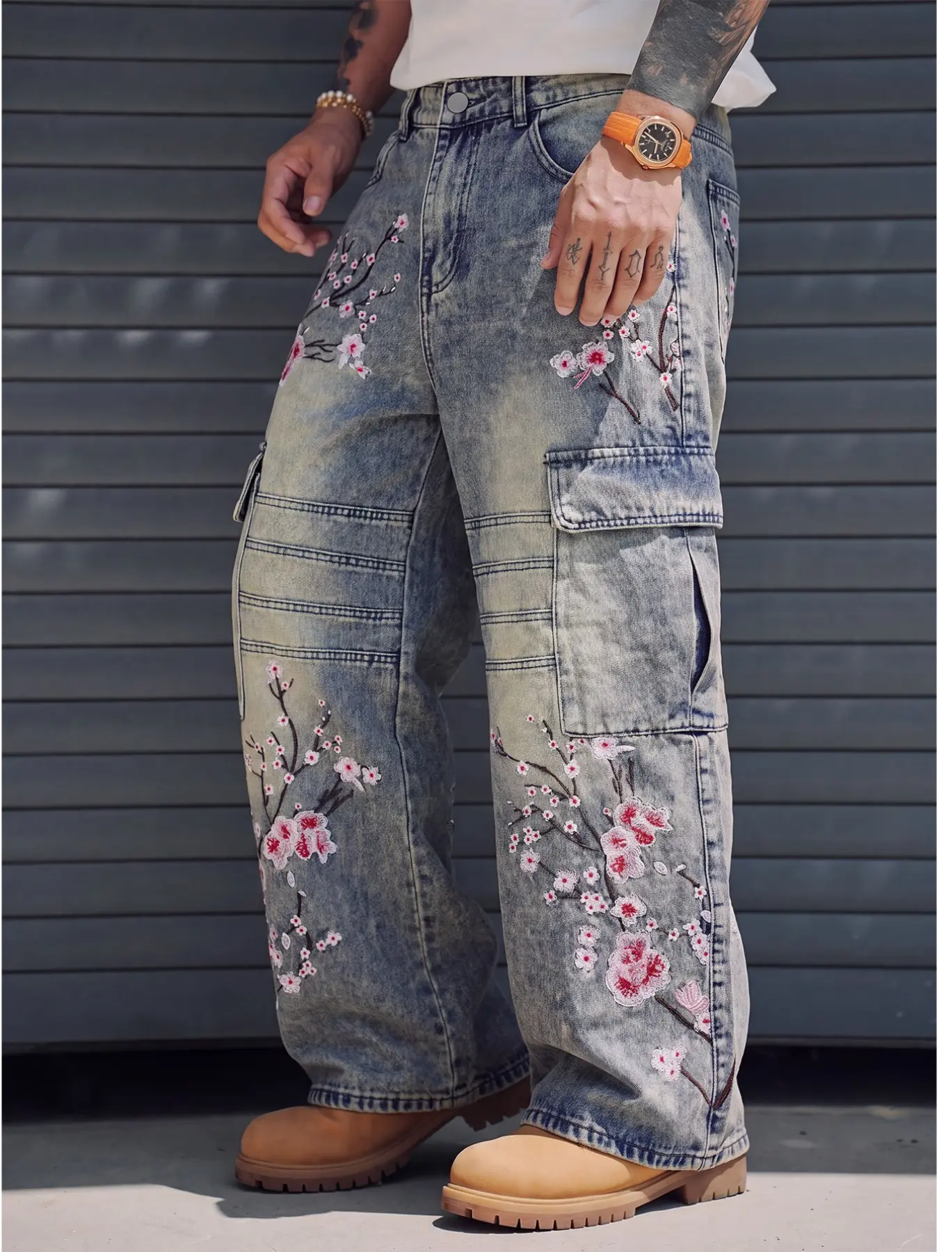 Men Blue Floral Embroidered Jeans Loose Straight Leg Washed Denim Cargo Pants