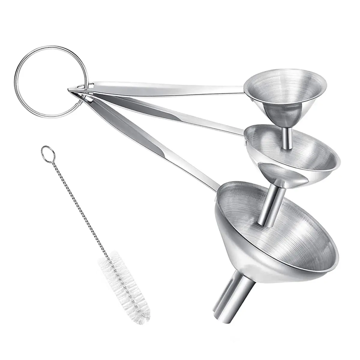 Small Funnels for Filling Bottles, 3 count Stainless Steel Kitchen Funnel Set,  Grade Mini Metal Funnel for Transferring Oil Liquid, Easy Cleaning with a Brush (Long Handle)