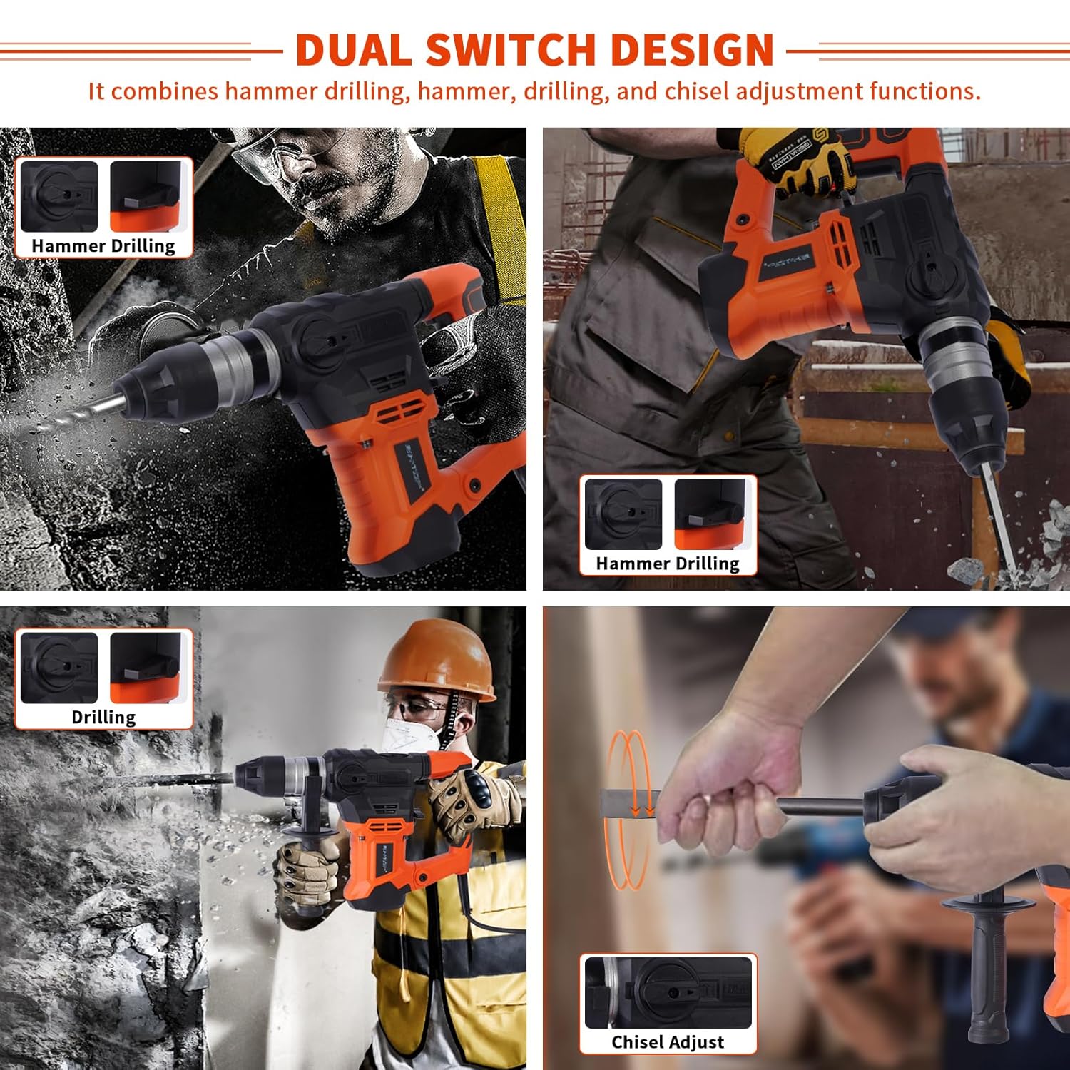 Demolition Jack Hammer for Concrete,1-1/4 Inch Hammer Drill with Safety Clutch 4 Functions Cand Variable Speed with Drill Bits and Chisels for Concrete, Stone, Brick, Storage Case Included Demolition Jack Hammer for Concrete,1-1/4 Inch Hammer Drill with Safety Clutch 4 Functions Cand Variable Speed with Drill Bits and Chisels for Concrete, Stone, Brick, Storage Case Included