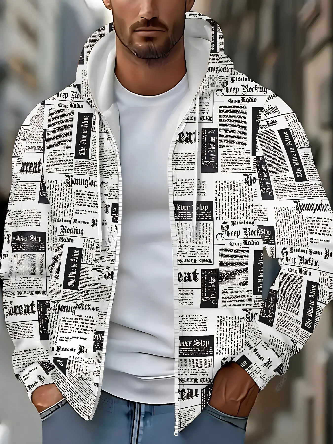 Men Vintage Newspaper Print Zip Up Hoodie,Soft Stretch Casual Hooded Jacket For Daily Streetwear