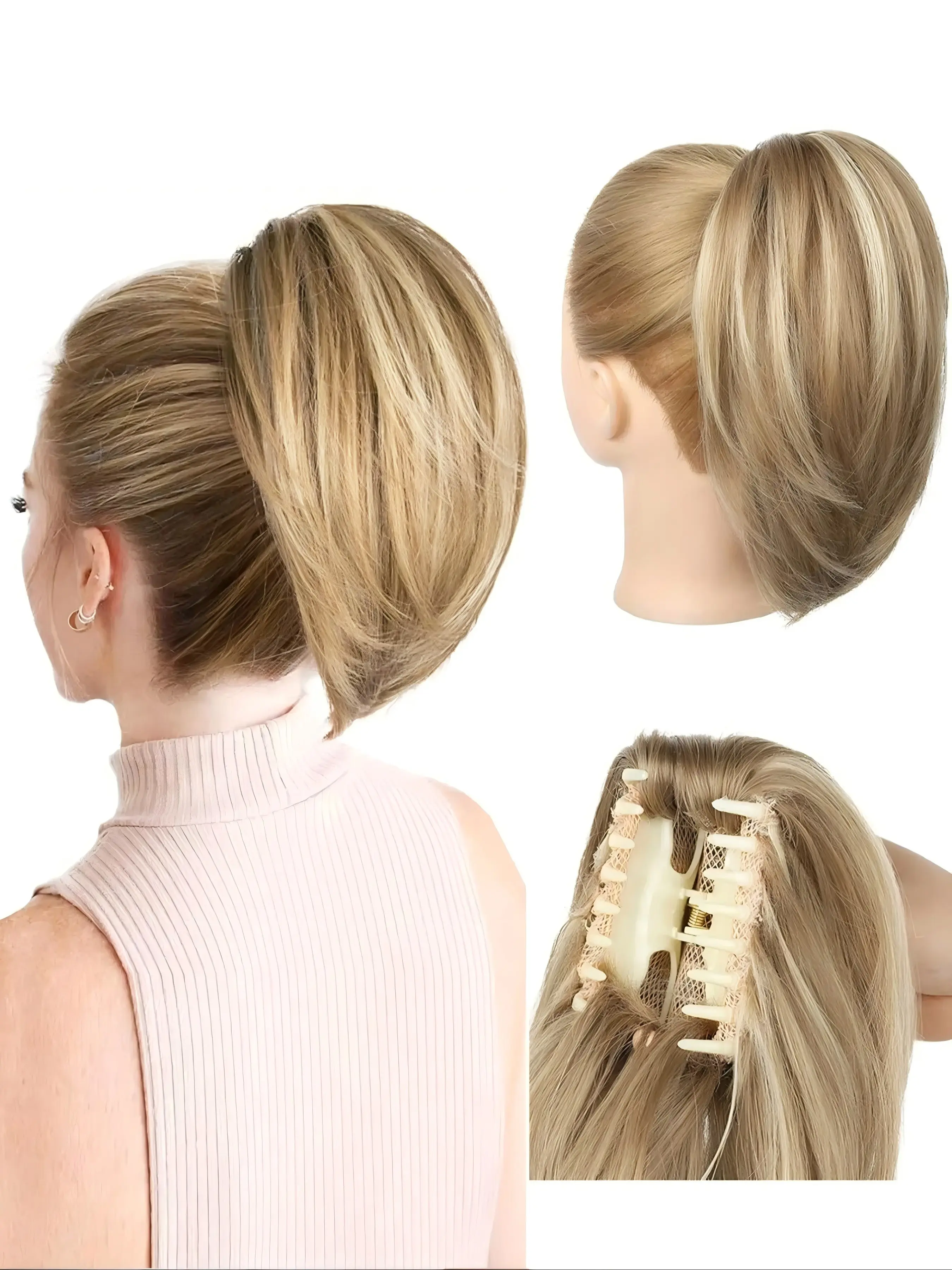 10 Inch Short Claw Clip Ponytail Extension, synthetic hair pieces, Messy Bun Wig, Natural Soft Synthetic Straight Hair, Deep Gold Highlights, Women's Use