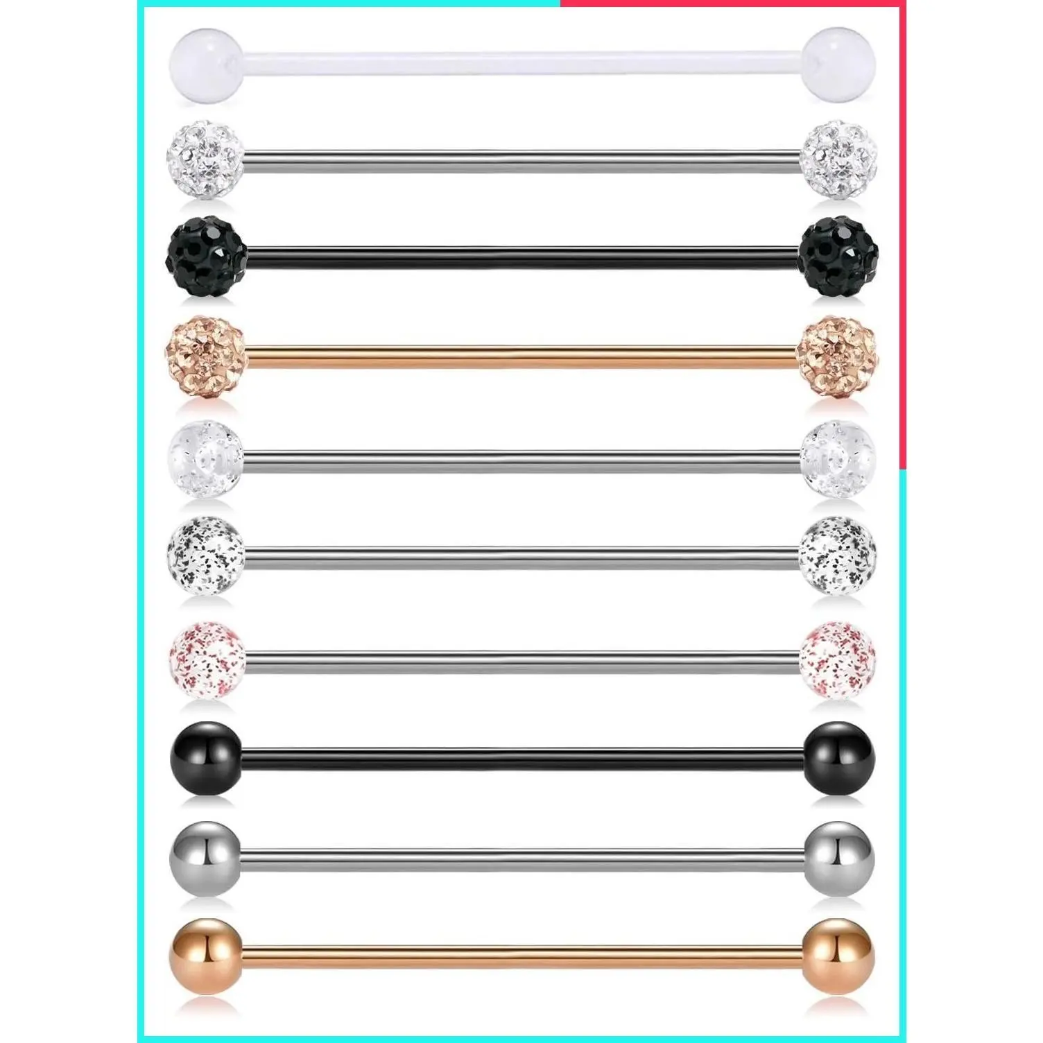 10Pcs 14G Stainless Steel Industrial Barbell Cartilage Earrings Body Piercing Jewelry - 32mm 35mm 38mm Bars