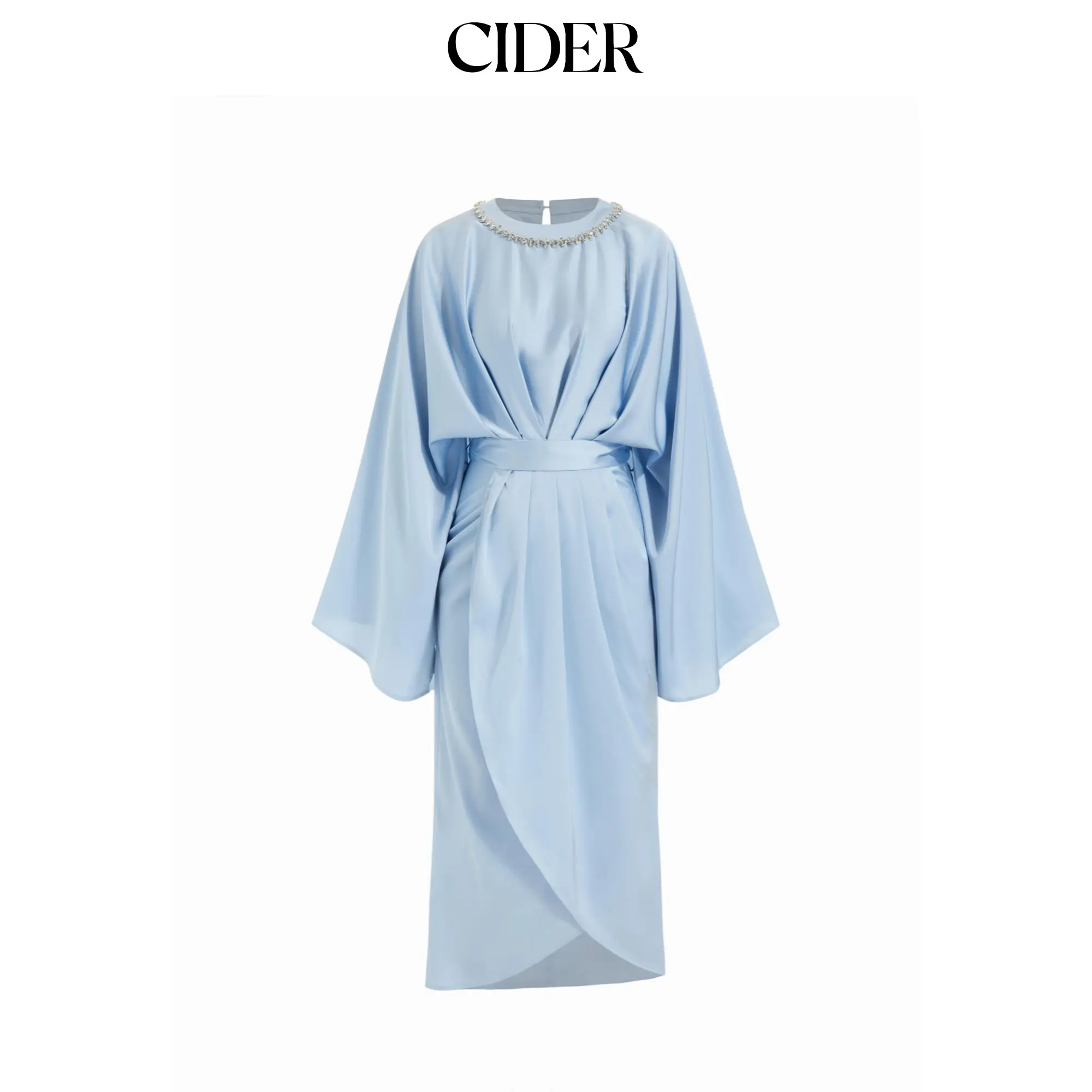 Cider Satin Batwing Sleeve Asymmetrical Hem Rhinestone Maxi Dress