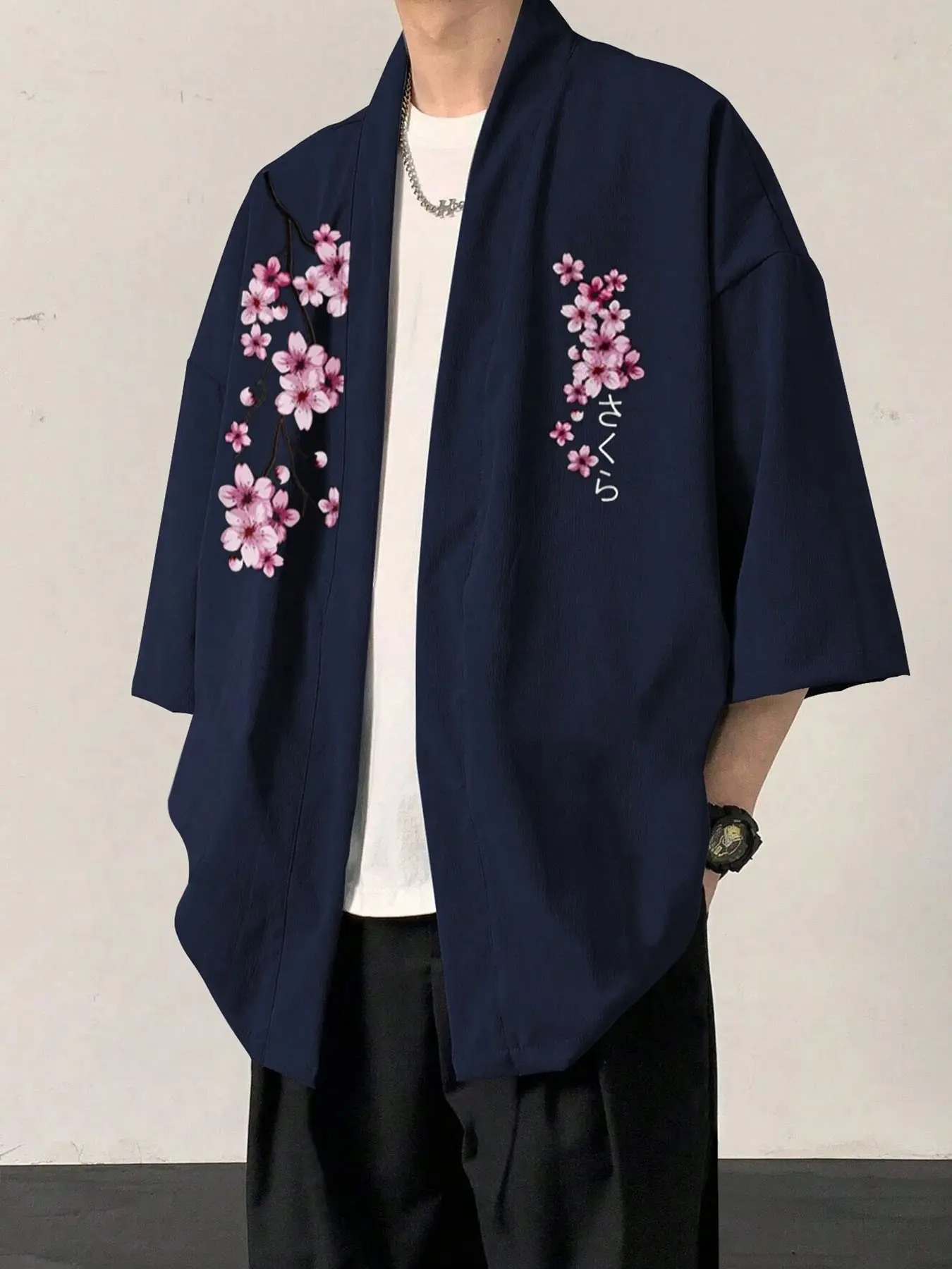 Men's Cherry Blossom Print Open Front Kimono, Casual Comfy Breathable 3/4 Sleeve Top for Summer, Fashion Men's Clothes for Daily Wear, Campus Outings, Gamis
