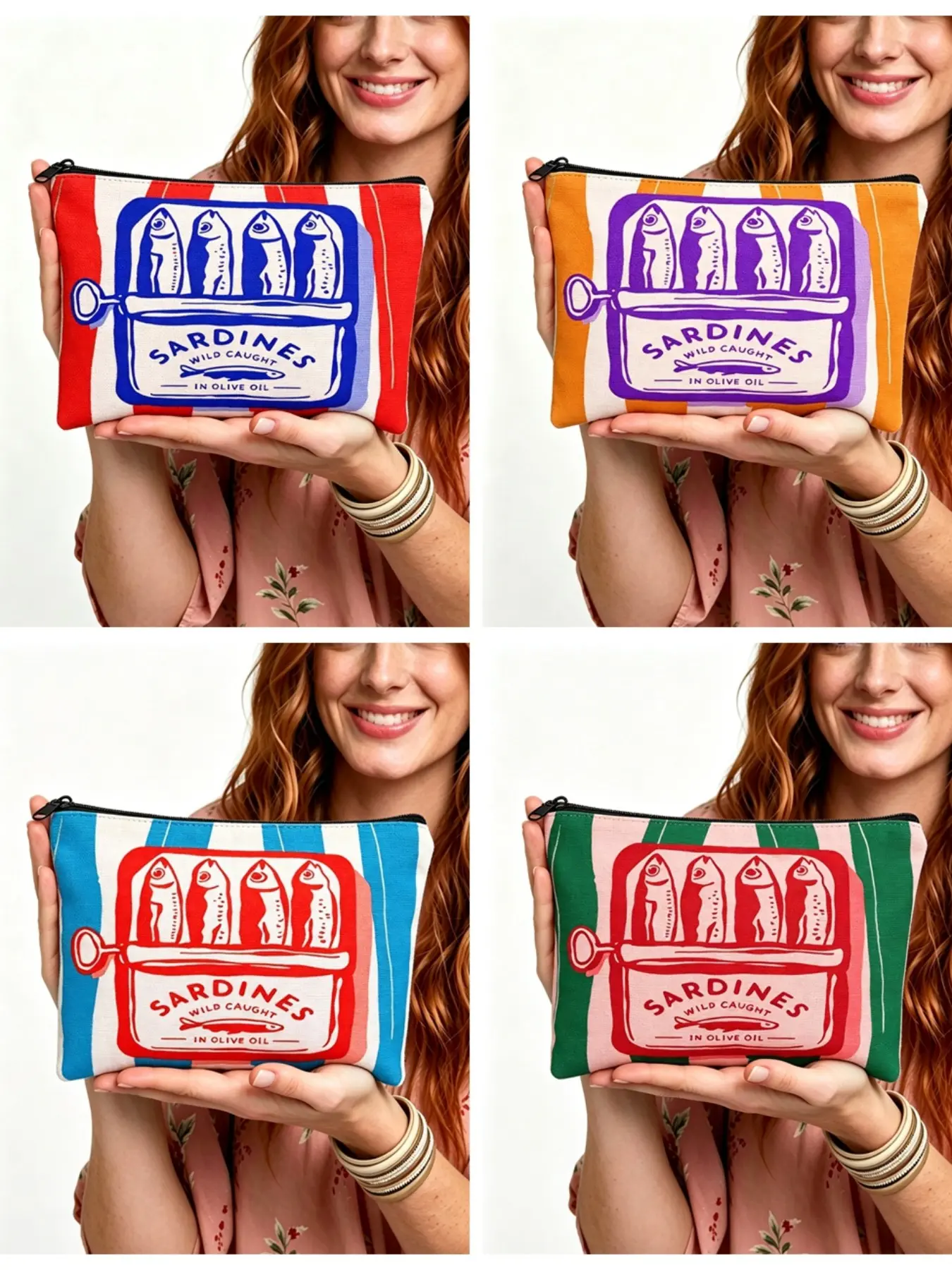 Couple Retro Sardine Striped Makeup Bag, Handheld Cosmetic Pouch, Cosmetic Travel Bags, Large Capacity, Zip Closure, Perfect for Travel & Daily Use