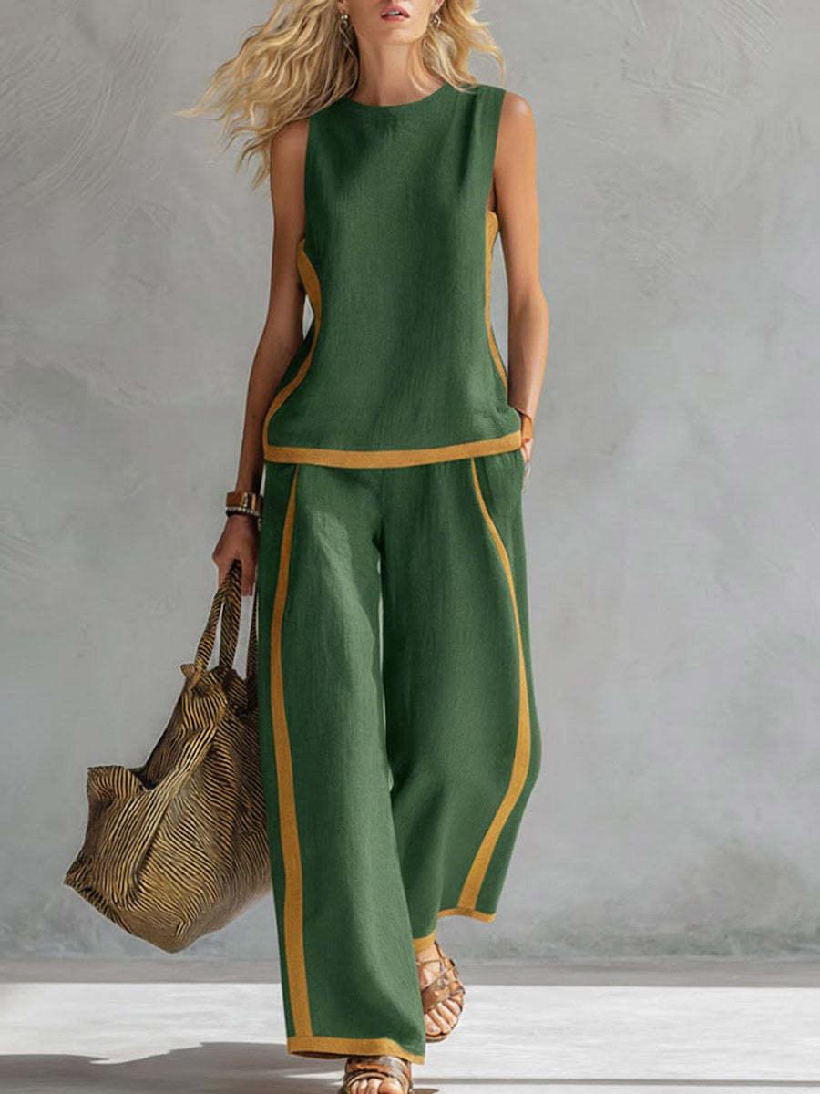 2026 Linen Blend Two Piece Set for Women Sleeveless Color Block Top Wide Leg Pants Set Casual Summer Outfit # LinenSet # WideLegPants # ColorBlock # SummerOutfit # BohoFashion # CasualWear # Outfit of the Day # WomensFashion