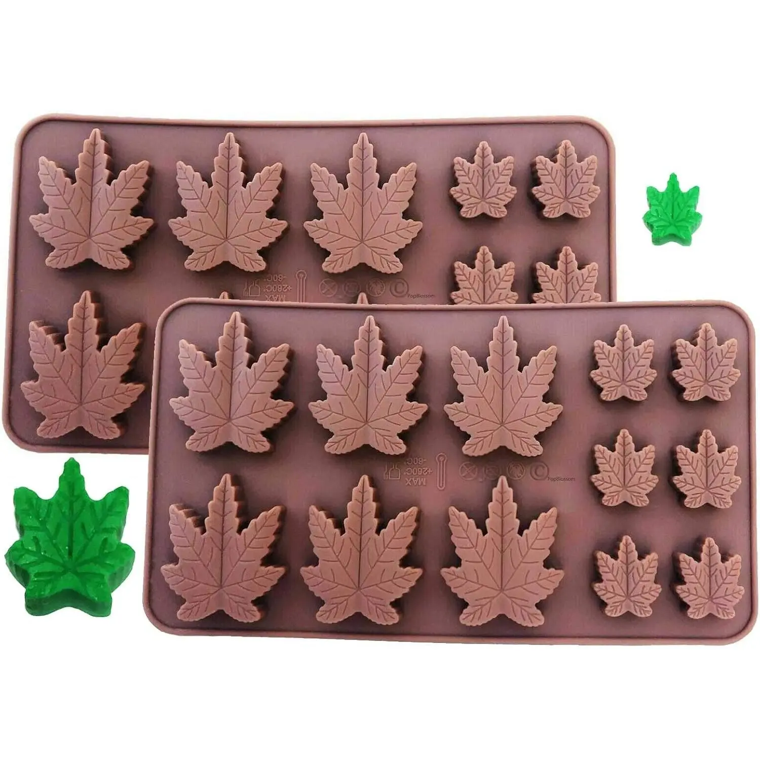 2 Pack Brown Silicone Edible Leaf Molds, Suitable for Lollipop, Gummy, Brownies, Hard Candy, Ice Cube, Chocolate, Soap, Candle DIY Party Making Tray