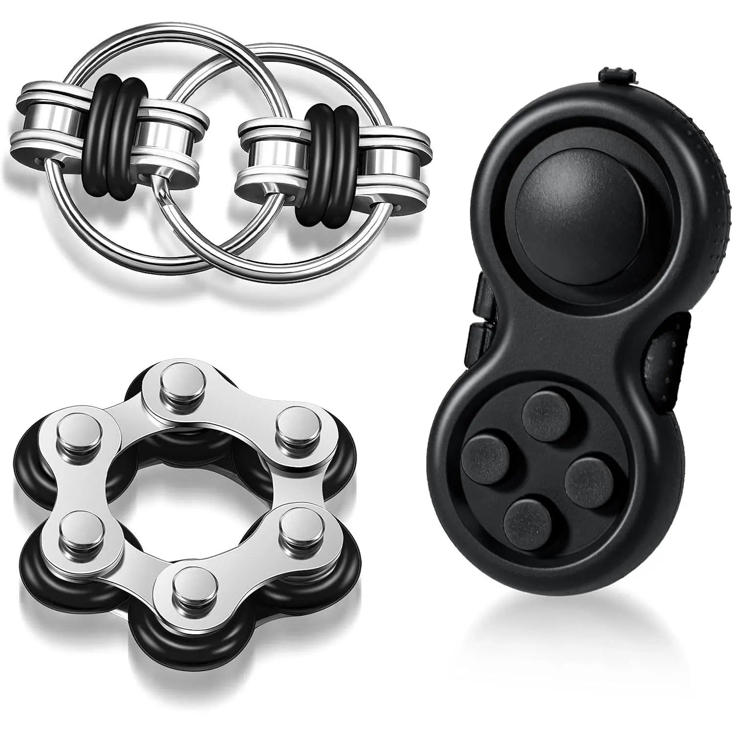 3 Pcs Fidget Toys Adults Set Handheld Fidgets Controller Pad Game Six Roller Chain Key Flippy Chain Autism Sensory for ADHD Add OCD Autism Anxiety Stress Relief Teen Kids(Black)