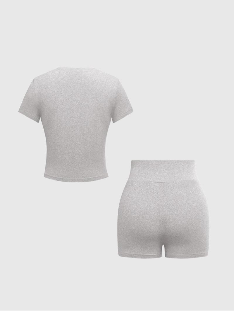 Women's  Solid Round Neck Tee & Skinny Shorts Set, Casual Short Sleeve T-shirt & Short Leggings, Ladies Summer Clothes