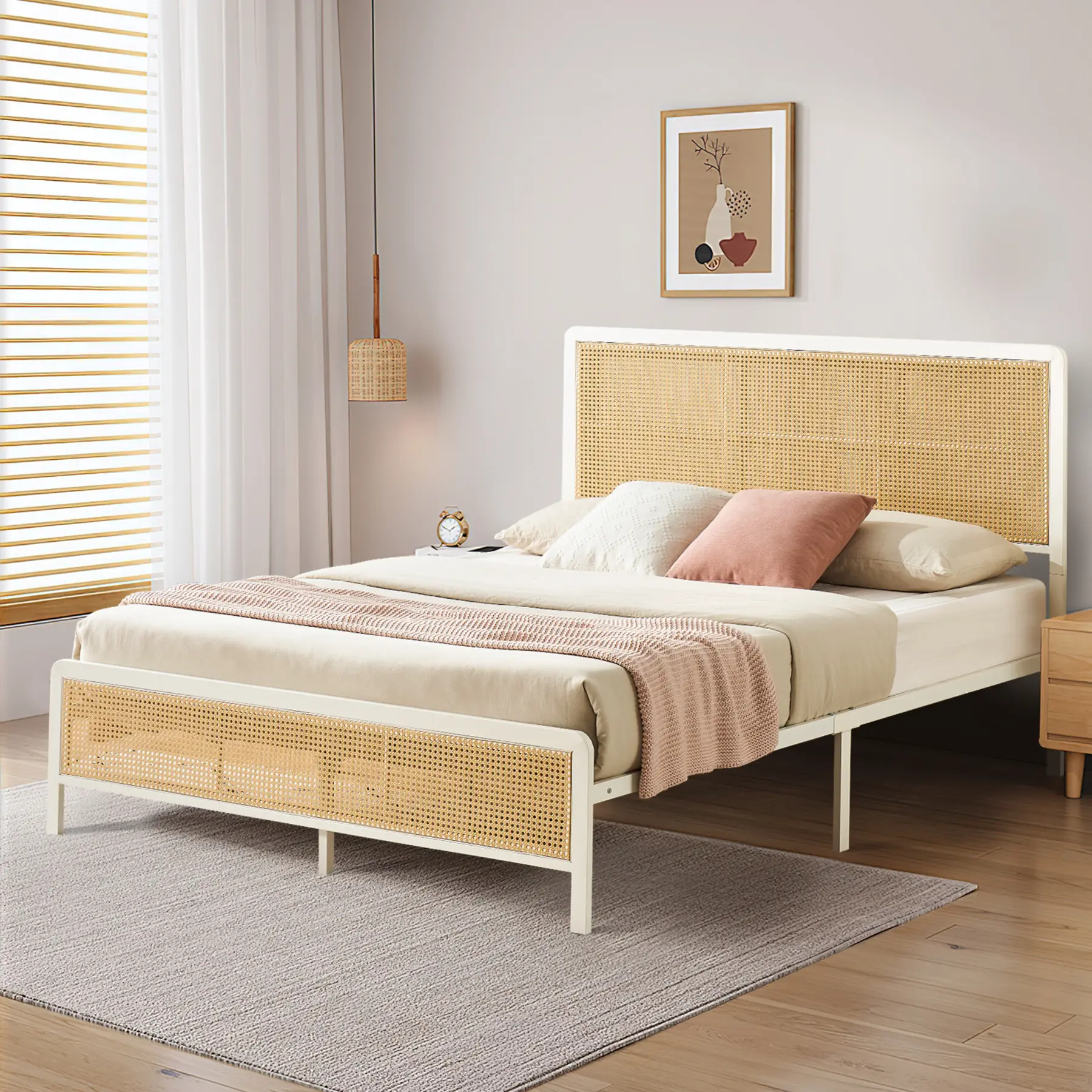 Rattan Platform Bed with LED Headboard – Boho Cane Style, Sturdy Steel Slats, No Box Spring Needed – Queen/Full – White/Black