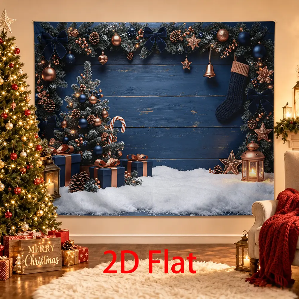Navy Blue Christmas Backdrop with Rose Gold Ornaments, Pine Garland, Stocking, Gifts, Lantern and Snow Holiday Photo Background