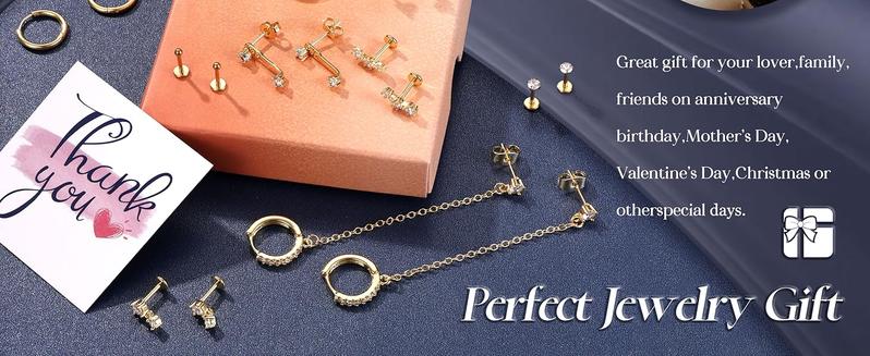 Trendy 16G/18G/20G Flat Back Earrings for Women Threadless Surgical Steel Stud Hoop Earrings Push in Nose Studs Hypoallergenic CZ Cartilage Earring Set Labret Helix Tragus Conch Piercing Jewelry Blackfriday Christmas