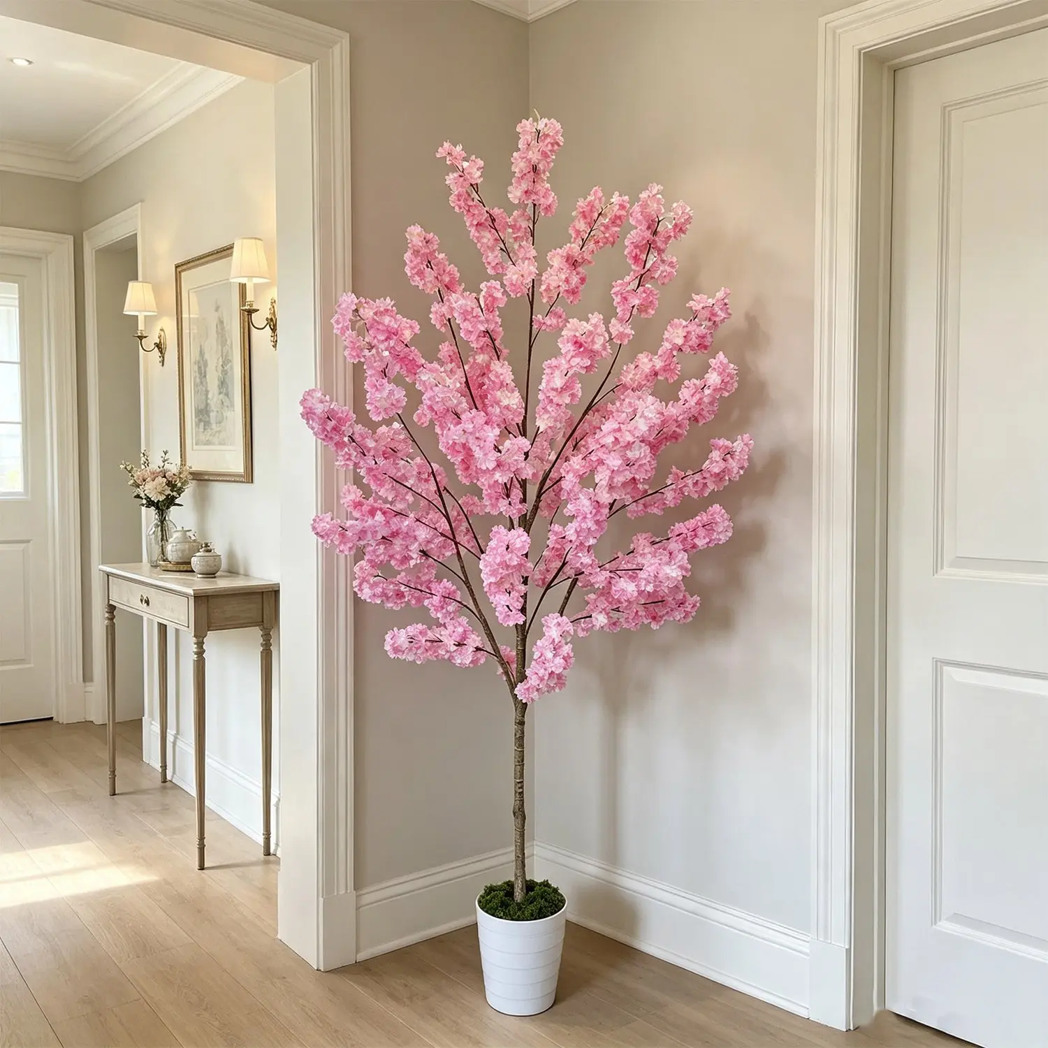 1Pcs 160-210cm New Cherry Blossom Tree potted, Artificial Flower Tree Decor, Plastic Floral Plant, Includes Plastic Pot and Moss, Ideal for Home, Kitchen, Living Room, Wedding Valentine's Day