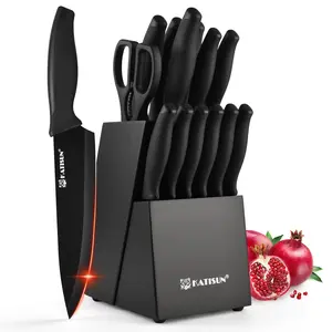 15-Piece Color-Coded Kitchen Cutlery Set - High-Carbon Chef Blades, Ergonomic Black Non-Slip TPR Soft Handles, Built-In Sharpener