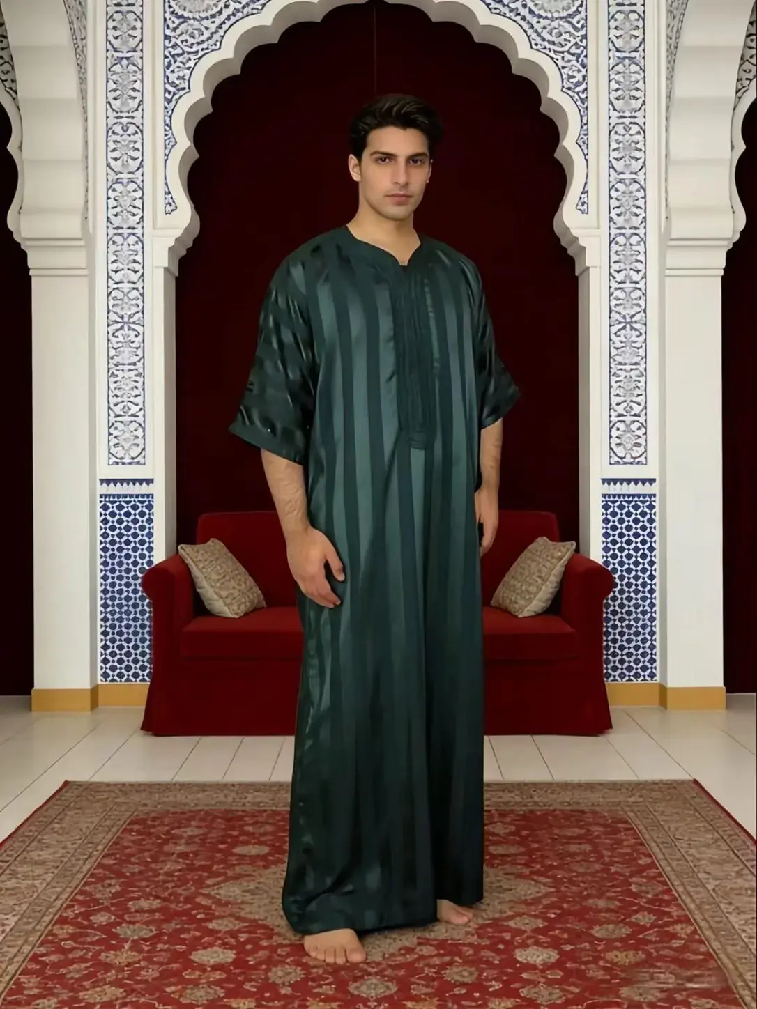 Muslim Traditional Robe Moroccan Style Men's V Neck Embroidered Long Robe, Islamic Thobe, Jubba Thobe, Traditional Arabic Robe, Modest, Fashionable Muslim Clothing, Eid Festival
